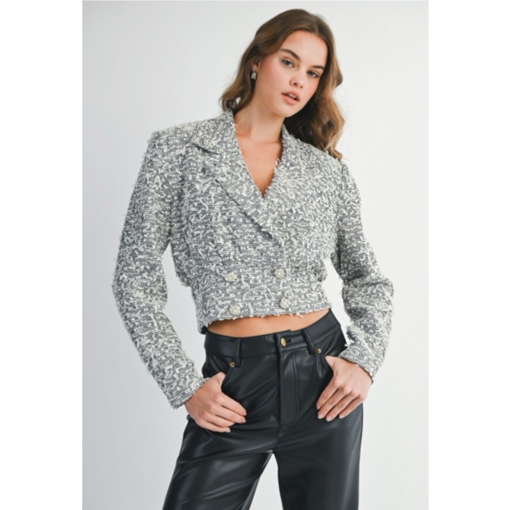 1074 • Black/White Confetti Tweed Crop Blazer Jacket w/Pearl Rhinestone Buttons - Picture 2 of 11